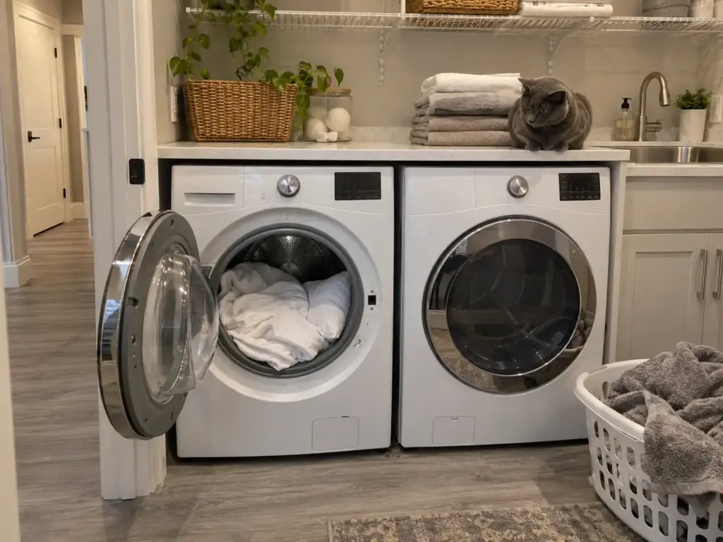 An open washer drum holds a loose white sheet with room to spare while a gray cat sits on the counter above the dryer