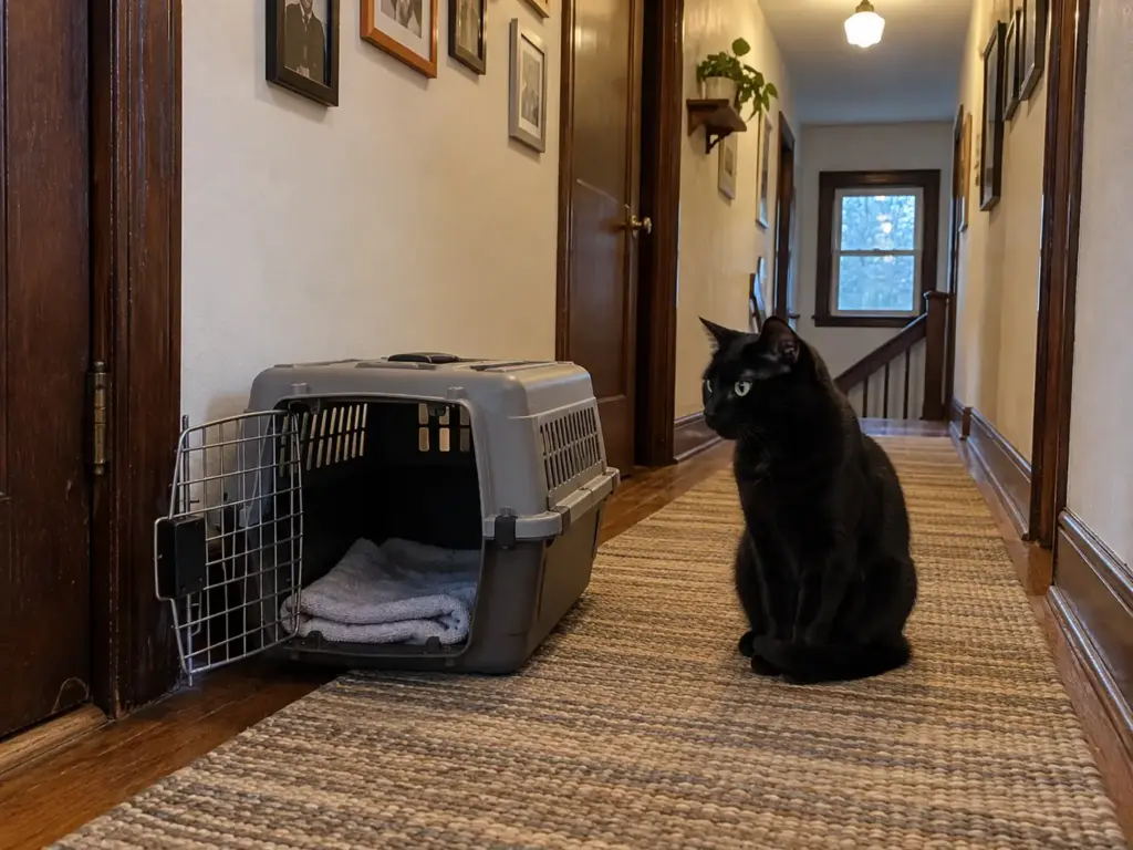 A relaxed black cat sits beside an open hard-sided pet carrier on a hallway runner in a split-level home
