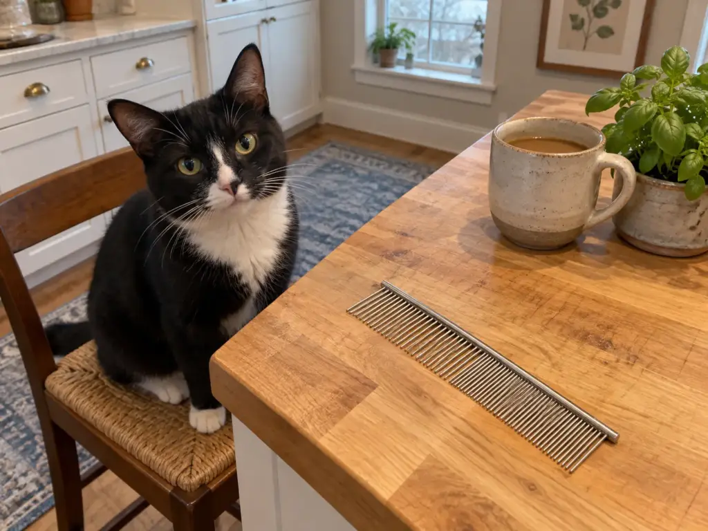 A steel grooming comb on a butcher-block island beside a mug while a tuxedo cat sits on a stool