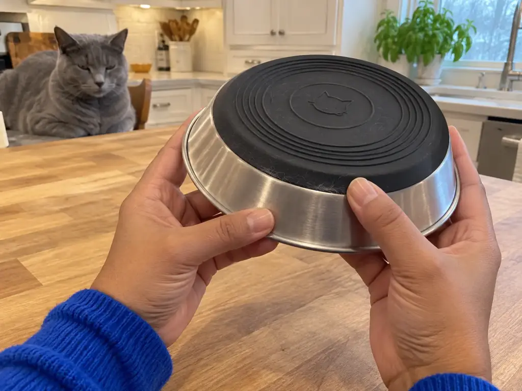 Hands hold a steel cat bowl upside down to show the rubber base ring with cat hair caught along its edge