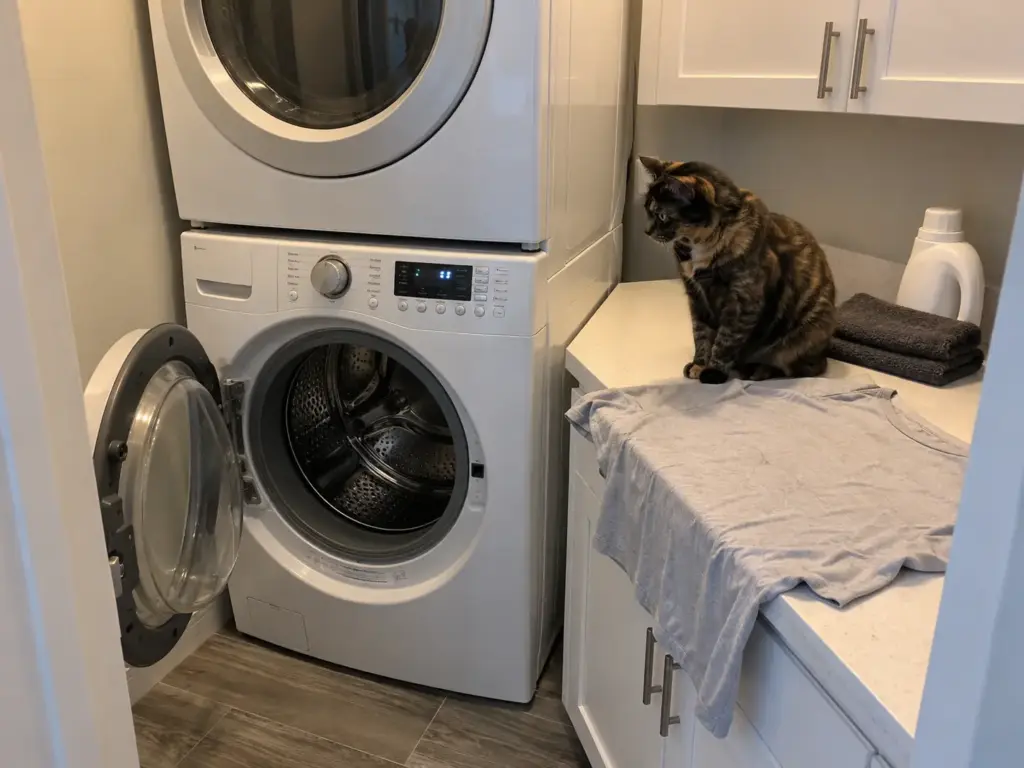 A tortoiseshell cat sits on the folding counter beside an open front-loading washer and a pale cotton T-shirt