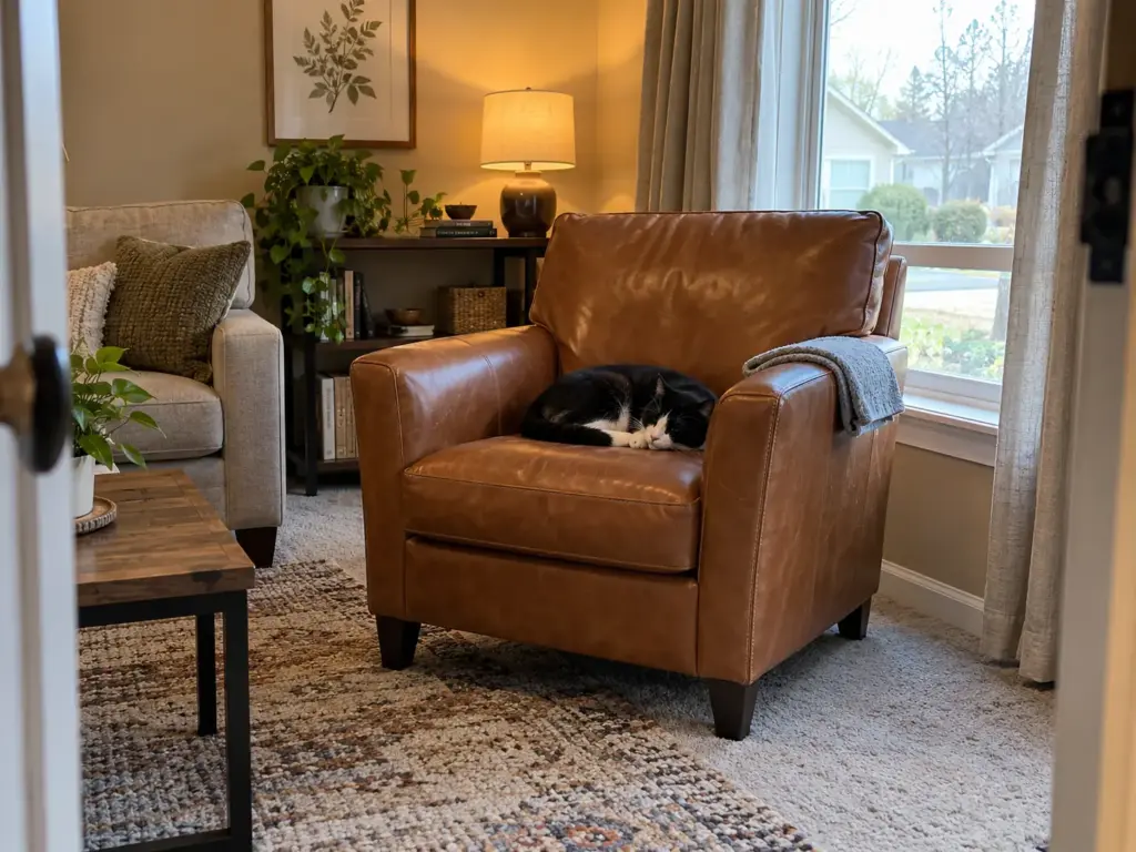 A black-and-white tuxedo cat asleep on a cognac faux-leather armchair with a folded dry cloth on the arm
