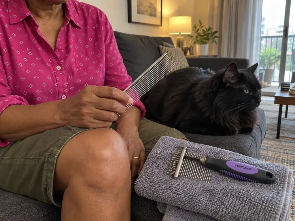 A woman's hands rest on her knee holding a steel comb, a second comb on a towel and a black cat calm beside her