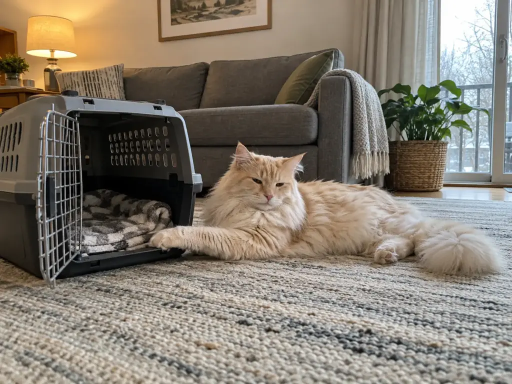 A cream long-haired cat lying beside an open grey carrier with a fleece inside on a living-room rug