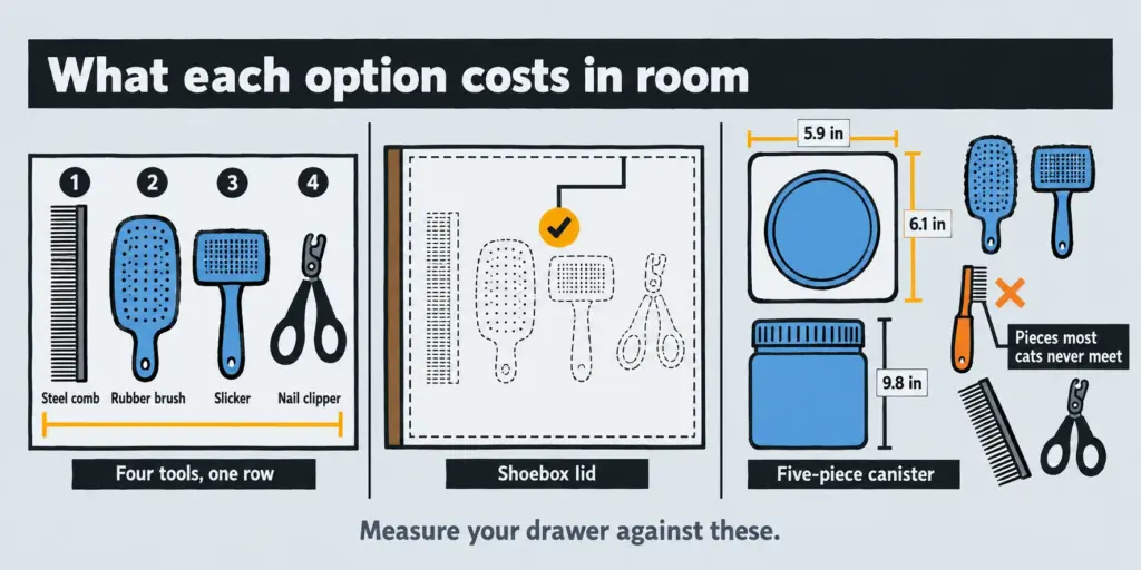 Top-down scale plan of four grooming tools in a row beside a shoebox lid and the 5.9 x 6.1 x 9.8 in five-piece canister