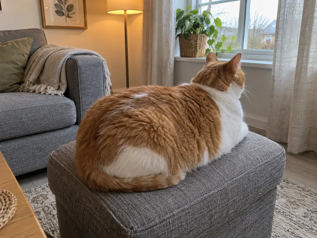 A big round-bodied orange-and-white cat settled in a loaf on a footstool, seen from behind and slightly above