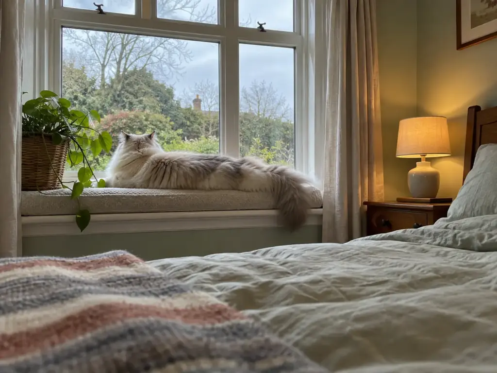 A large cream-and-gray long-haired cat stretched along a deep bedroom windowsill with its back to the room