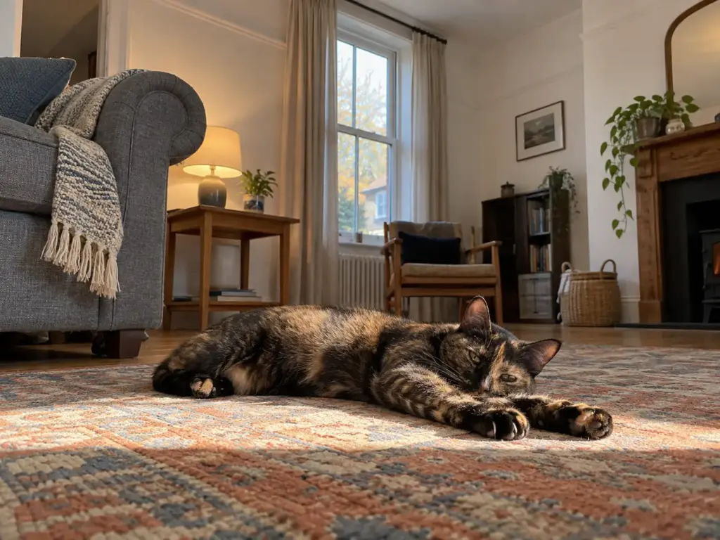 A small tortoiseshell cat stretched on her side on a flat-weave rug in a strip of sunlight, looking at the camera