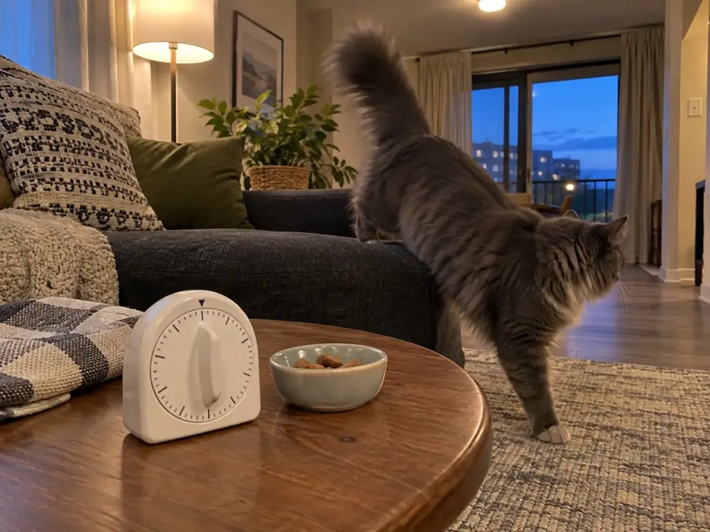 A kitchen timer and a dish of treats on a coffee table as a smoke-grey cat steps off the end of the sofa