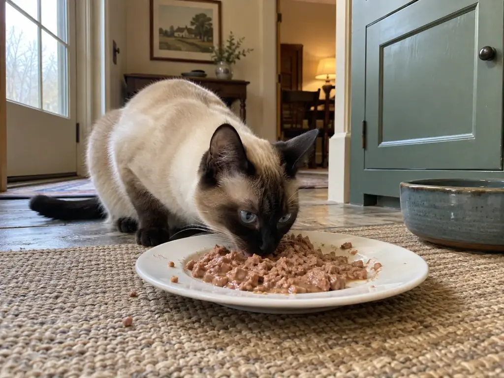 A cream-point cat eating wet food from a plain white glazed dinner plate on a kitchen floor runner
