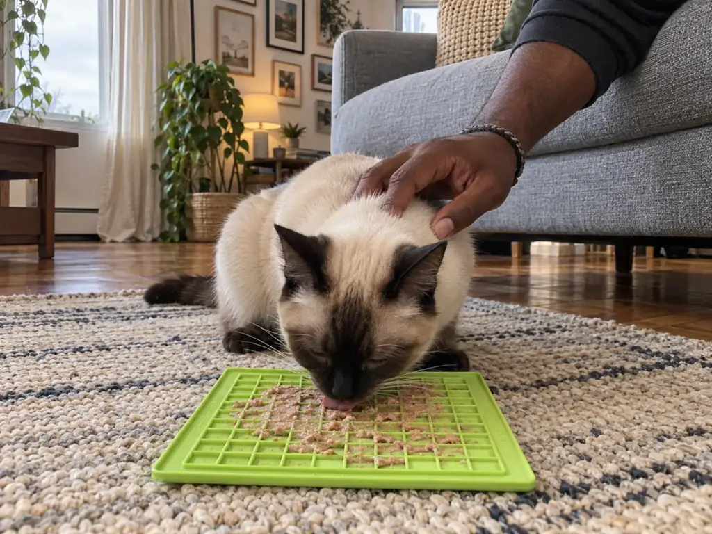 A cat licks wet food from a lick mat on the rug while a hand rests lightly on its shoulder, the first rung of the ladder