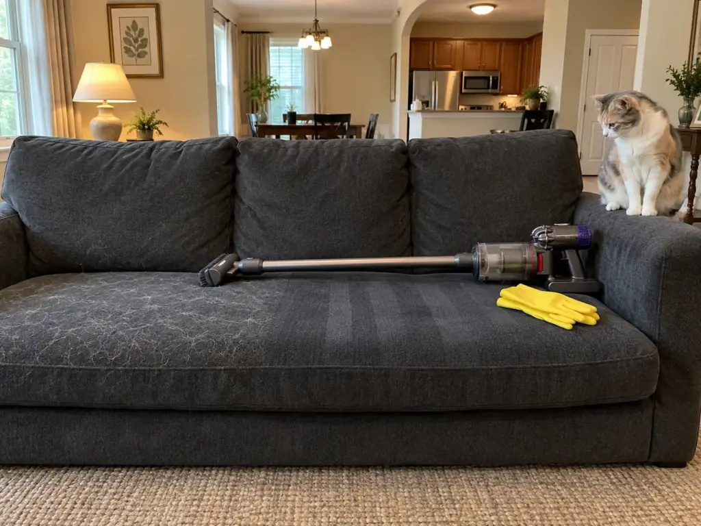 A cordless vacuum with a brush attachment and folded yellow rubber gloves on a grey microfiber sofa beside a calico cat