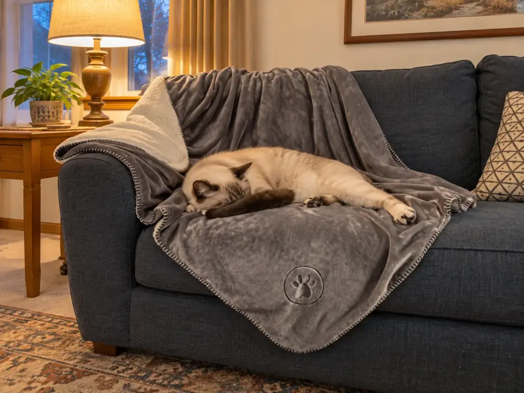 A cream-point cat sleeps on a grey waterproof throw laid over the arm and corner of a dark sofa in a living room