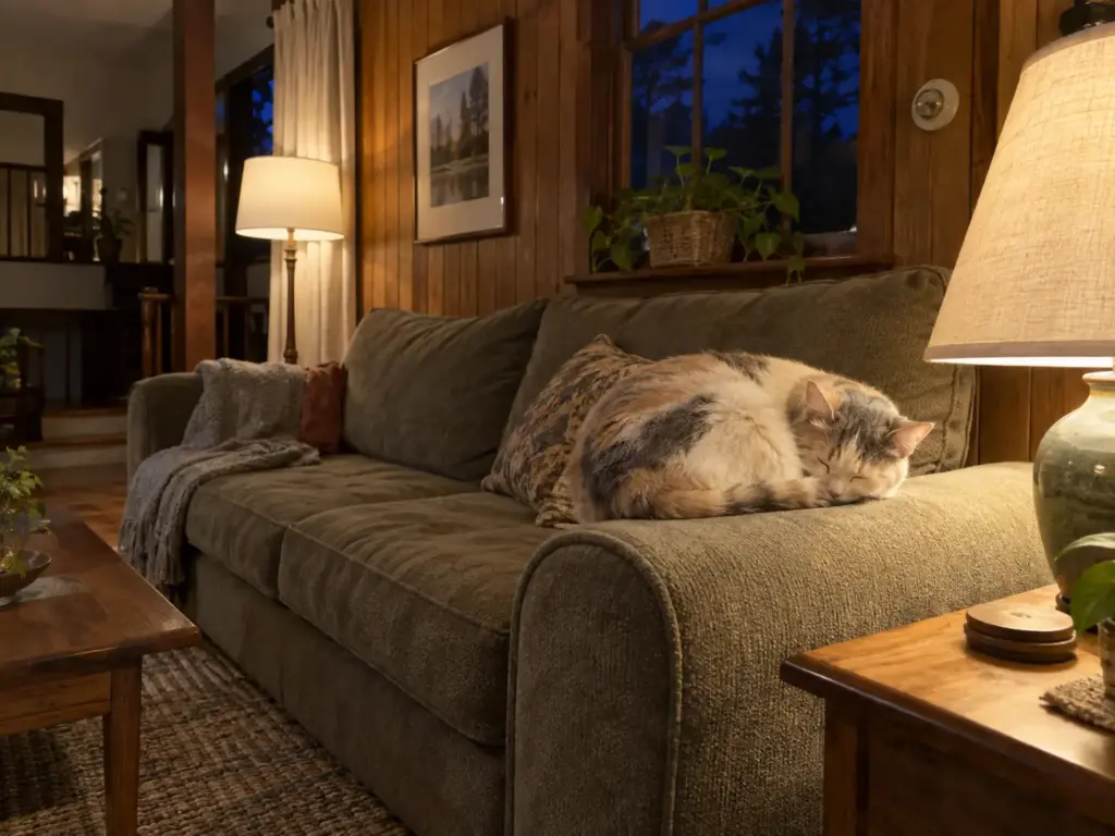 A dilute calico cat sleeps on a sofa arm between two lit lamps while the small window behind it has gone dark