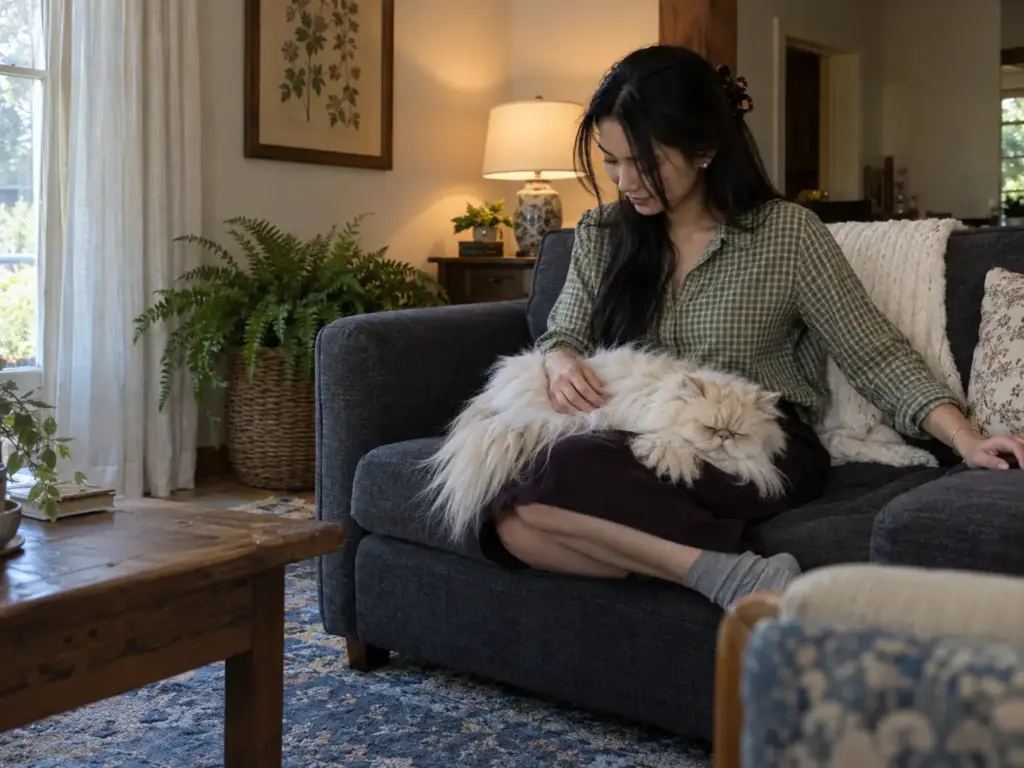 A young woman's fingertips resting at the base of a cream longhair cat's silky coat on a living-room sofa