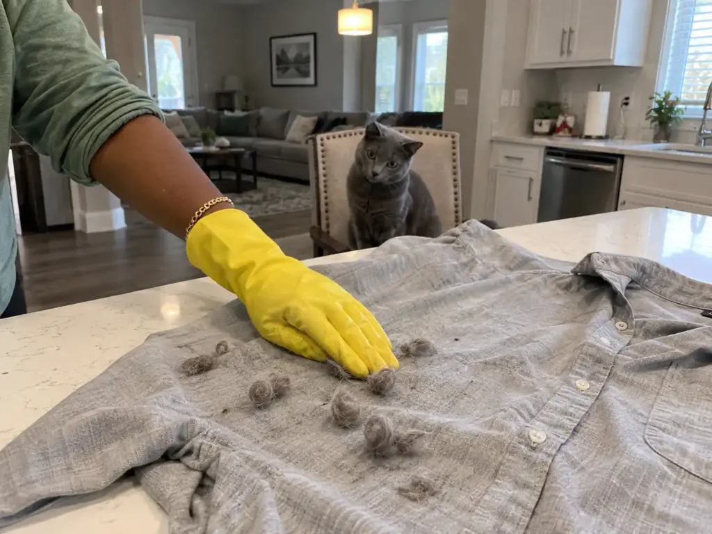 A hand in a damp yellow rubber glove draws cat hair into rolls on a thin grey cotton shirt on a kitchen counter