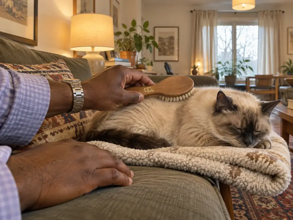 A man's hand strokes a bristle brush along the shoulder of an old cream-point cat asleep on a fleece pad on the sofa