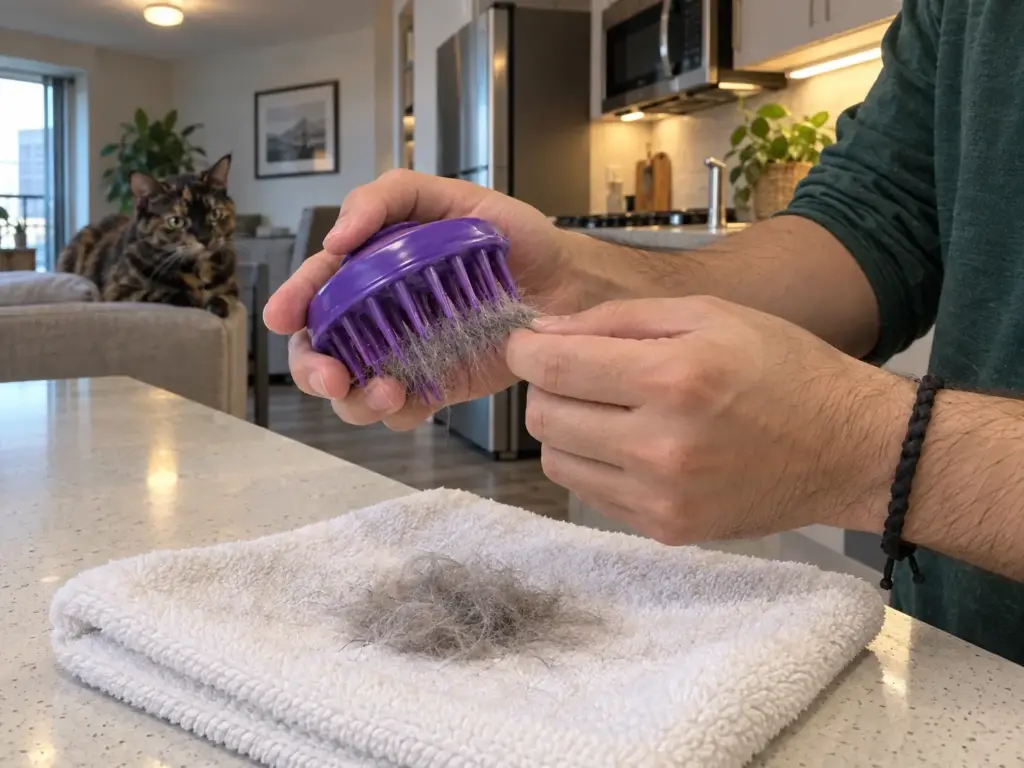 A man's hands hold a silicone cat brush over a white towel holding a pinch of grey hair on a kitchen counter