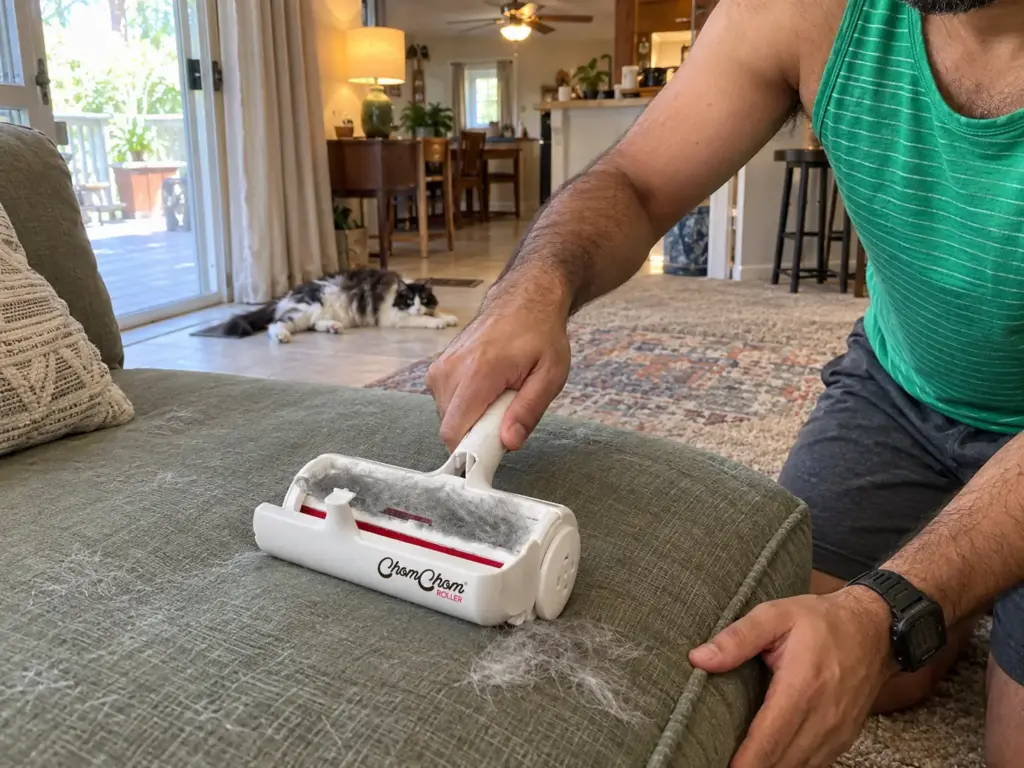 A man's hands roll a ChomChom roller over a sofa cushion while a long-haired cat lies on cool kitchen tile