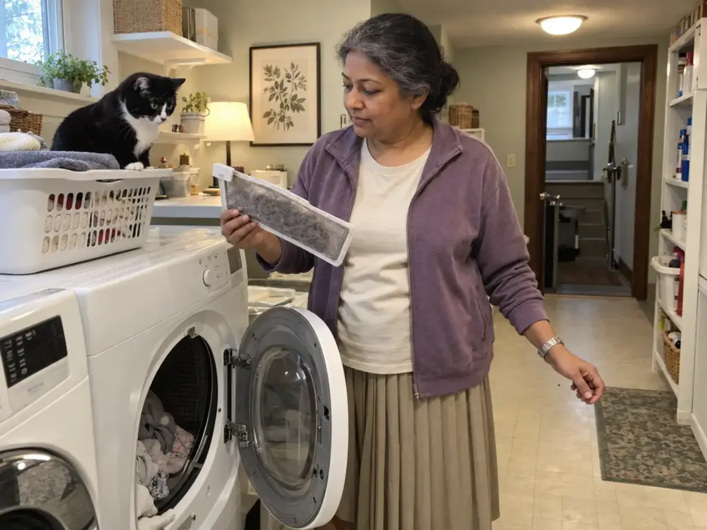 Woman holding a lint screen with grey lint at the open dryer while a tuxedo cat sits in a basket of towels
