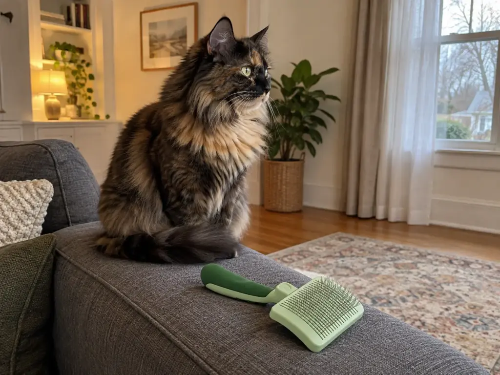 A self-cleaning slicker brush on the sofa arm beside a long-haired tortoiseshell cat, a daily brushing tool for a long coat