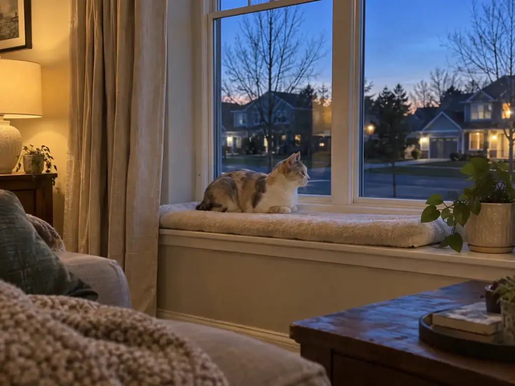 Older calico cat on a cushioned window perch at dusk with a table lamp lit, a few loose hairs on the cushion