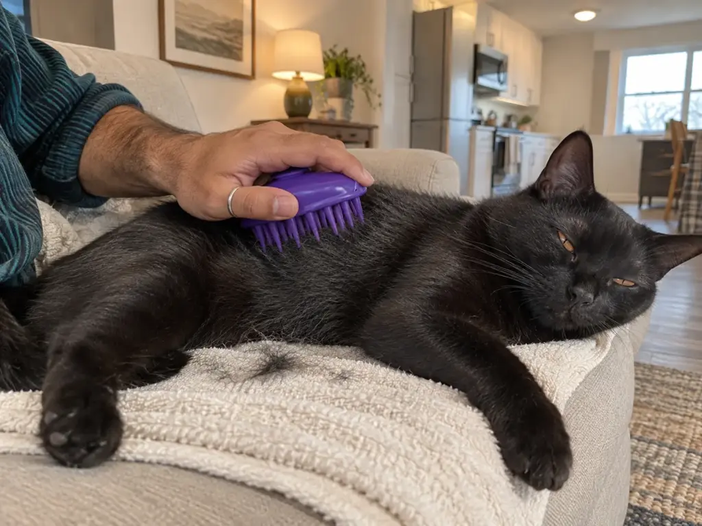 Hand brushing a glossy black Bombay cat with a silicone rubber-pin cat brush on a folded towel
