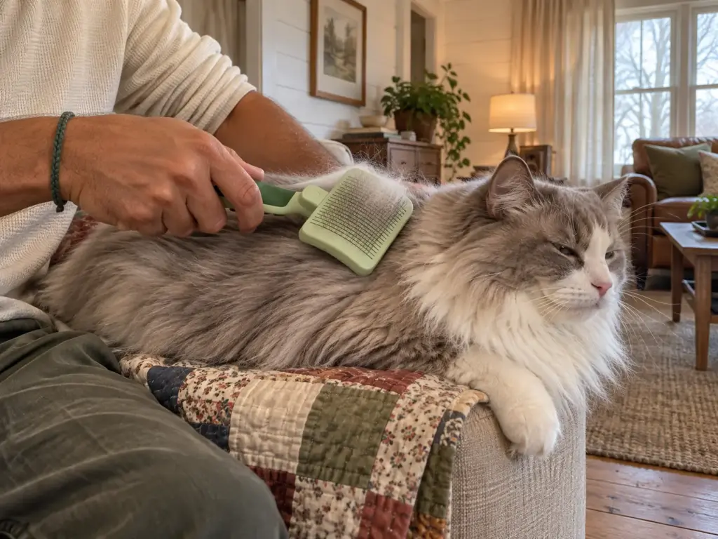 A hand draws a slicker brush over the top of a long-haired cat's coat on an armchair, a brush that only works the top layer
