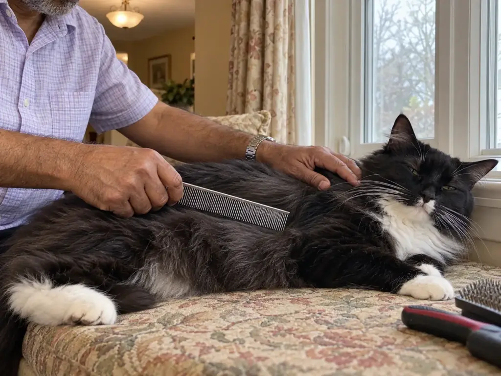A man's hands comb the flank of a long-haired black and white cat lying on a cushioned bay window seat