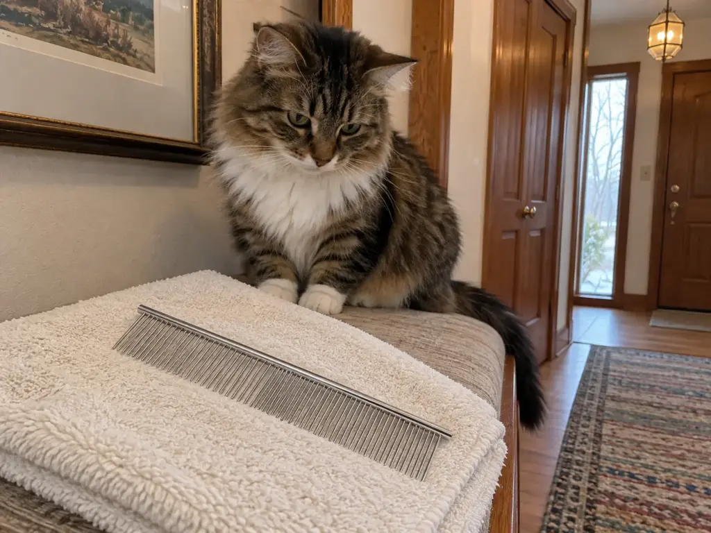 A long steel comb lies across a folded towel on an entry bench, a brown tabby with a white ruff sitting behind it