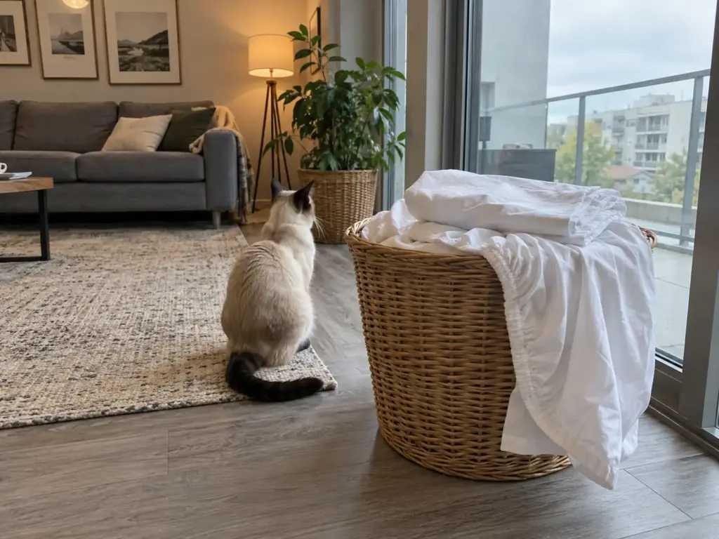 A washed white fitted sheet hangs over the rim of a wicker laundry basket beside a Siamese-type cat by a balcony door