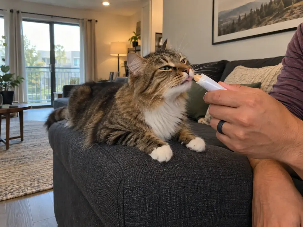 A man's hand holds a soft treat tube out to a brown tabby cat with a white chest on the arm of a sofa