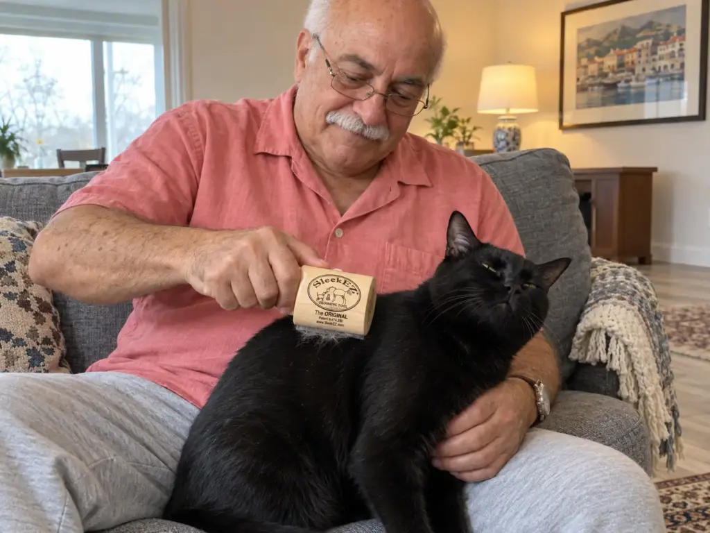 A man on a sofa brushing the shoulder of a glossy black cat with a small SleekEZ deshedding brush