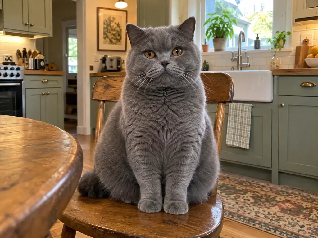 A stocky blue-gray shorthair with a dense plush coat sitting upright on a wooden kitchen chair beside a basil plant