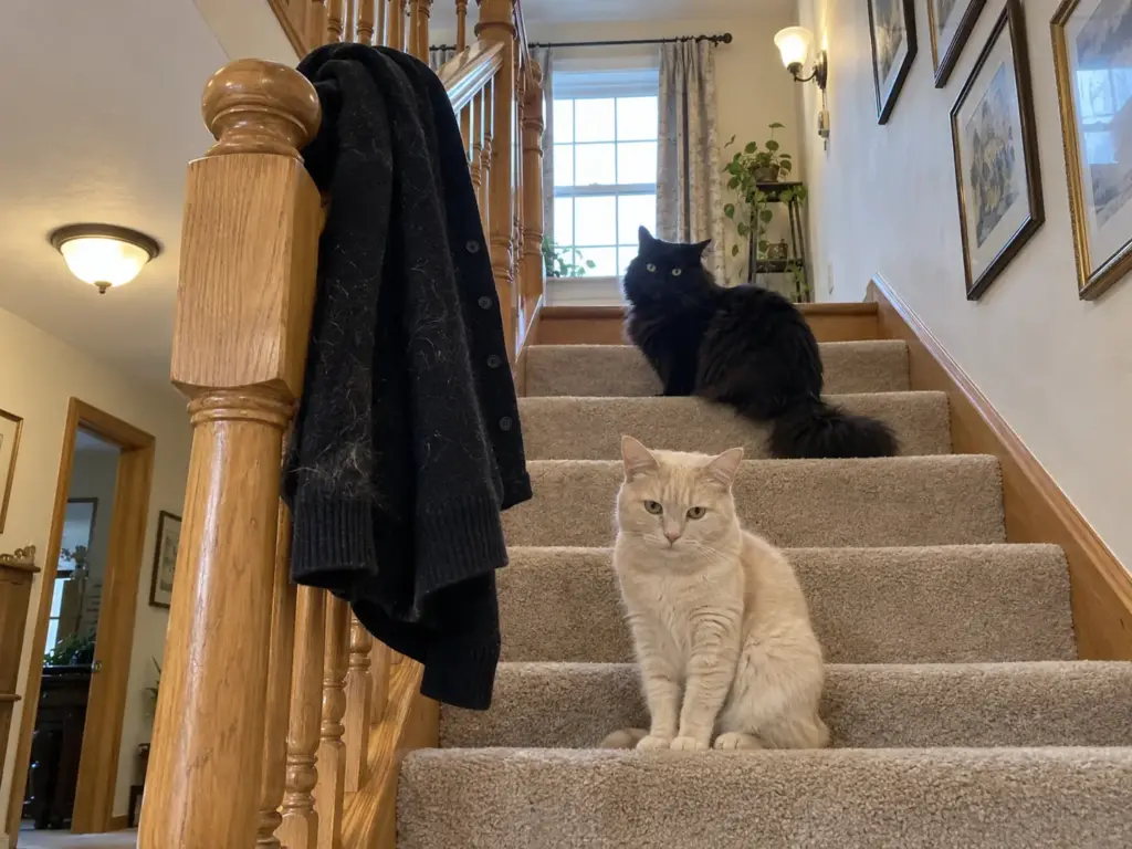A black long-haired cat and a cream cat sit on carpeted stairs beside a black cardigan hung on the banister