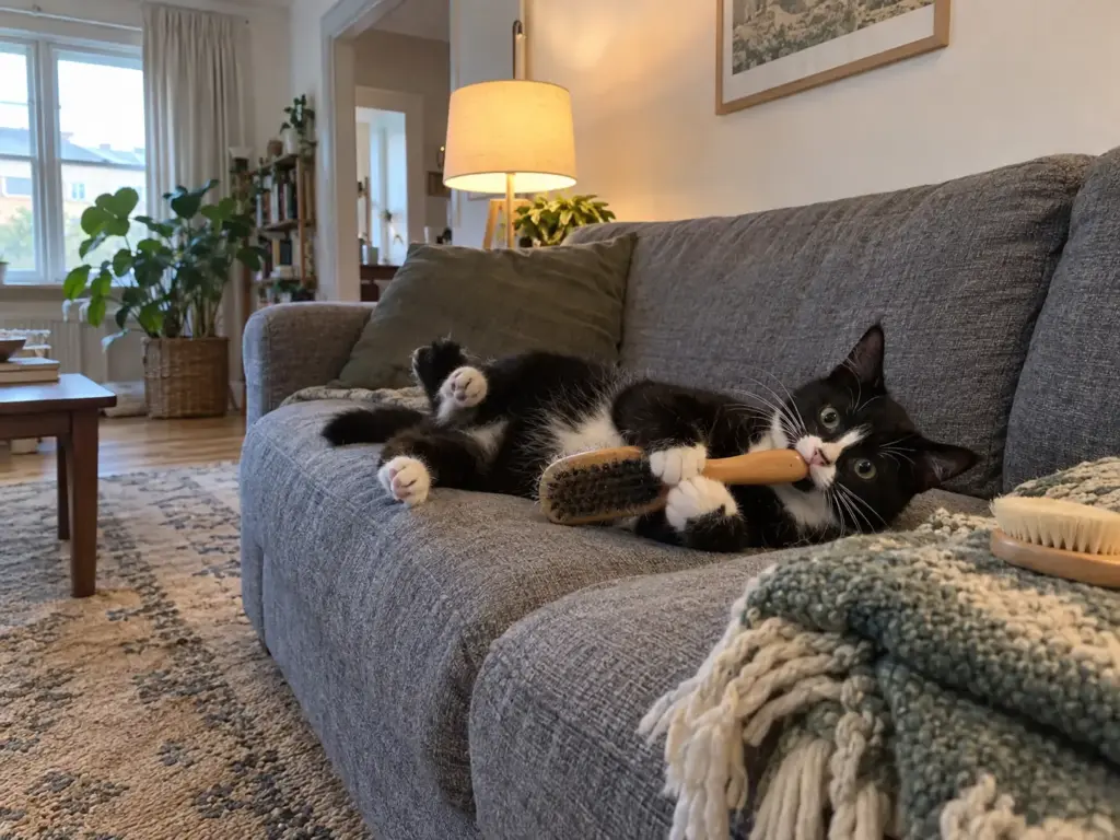 A half-grown tuxedo cat holds a spare pet brush in its front paws on the sofa, the brush it is allowed to chew