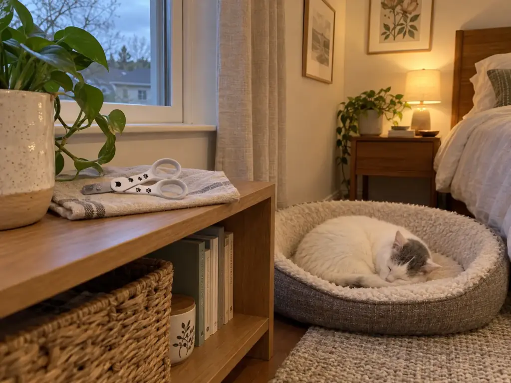 A closed white nail clipper lies on a folded cloth on a low shelf beside an oval cat bed where an old white cat sleeps