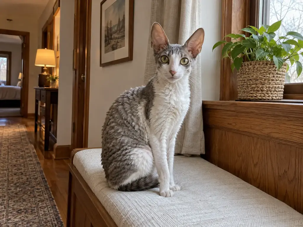 A slender silver-and-white Rex-type cat with a curly short coat sits upright on a window seat cushion