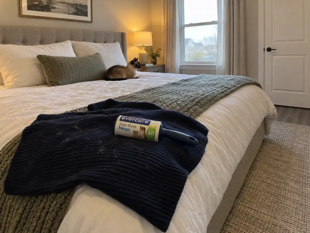 An Evercare sticky lint roller rests on a navy rib-knit sweater on a bed while a Siamese-type cat lies at the foot