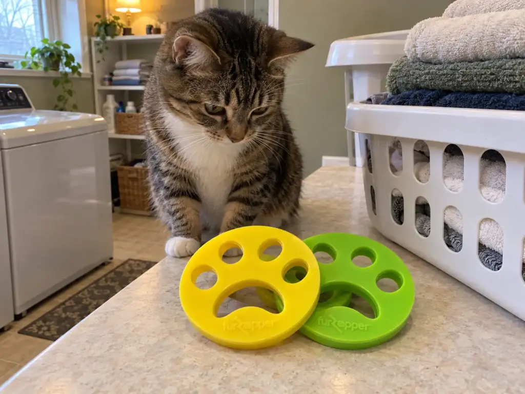 Two FurZapper silicone dryer discs on a folding counter beside a towel basket with a brown tabby watching