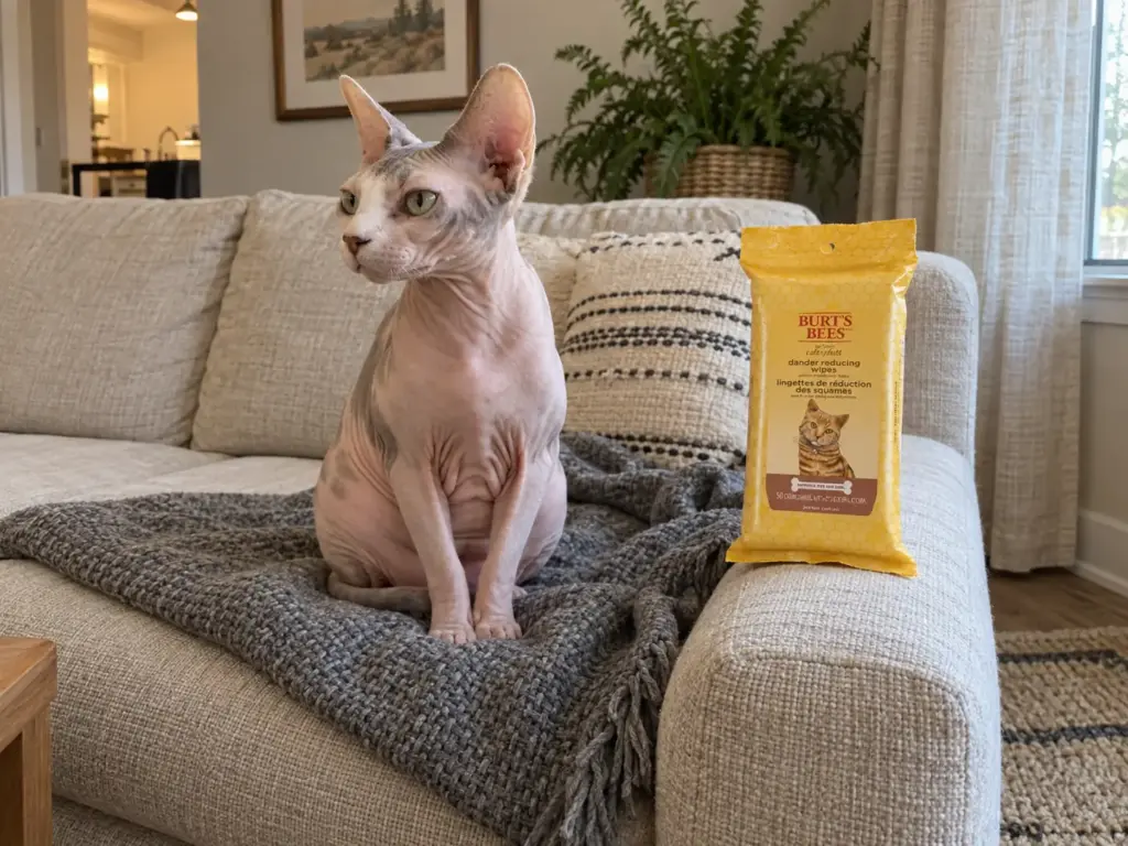 Hairless Sphynx cat sitting on a washable grey throw on a sofa beside a tub of unscented cat wipes