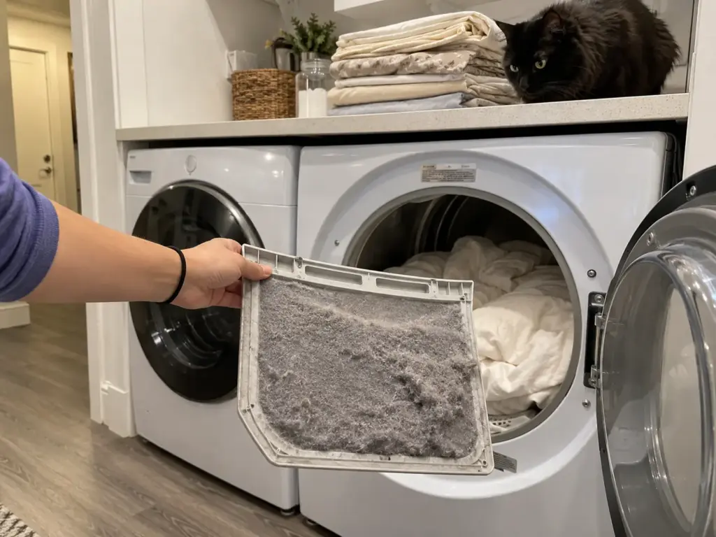 A woman's hand holds a dryer lint filter coated in gray fluff over an open dryer while a black cat watches from the counter