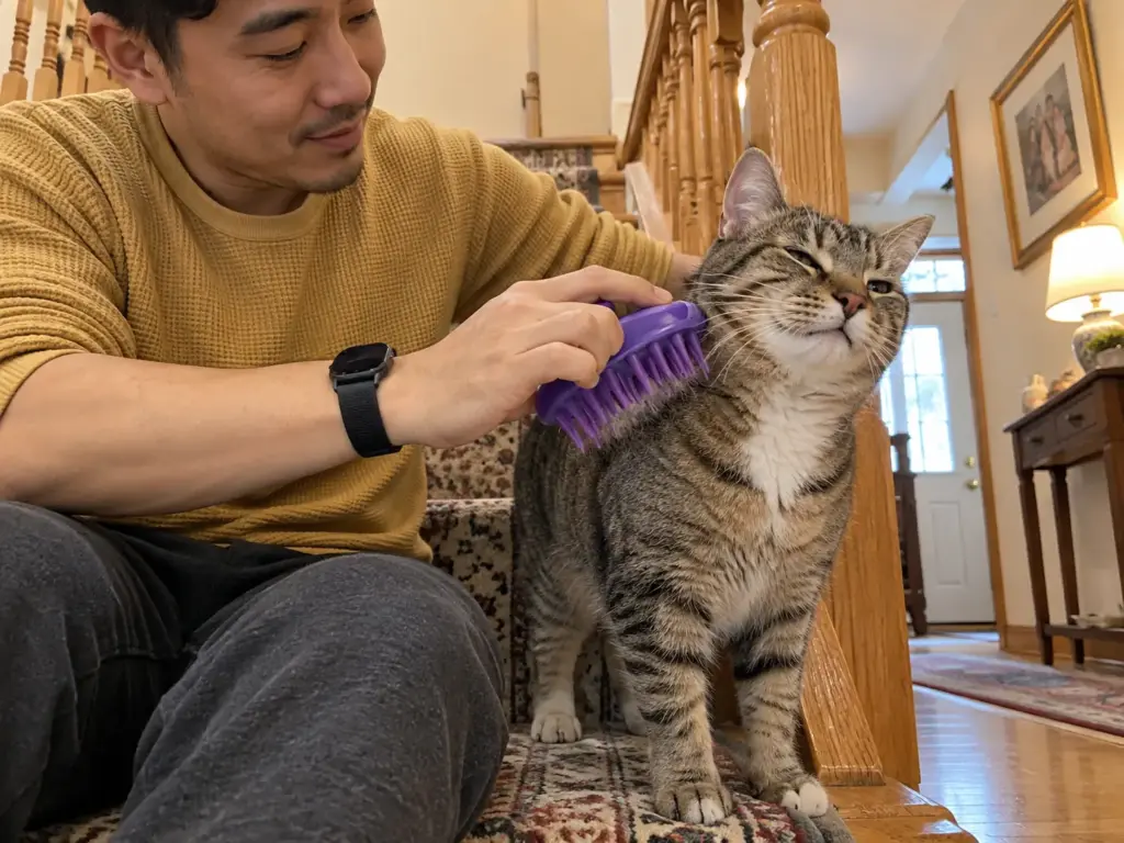 A man's hands brush a short-coated brown tabby with a rubber-pin cat brush on the bottom stair of a hallway