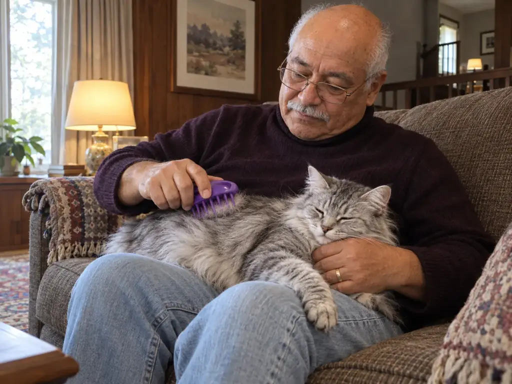 A man in a dark raspberry turtleneck brushes a long-haired silver tabby asleep on his lap with a rubber cat brush