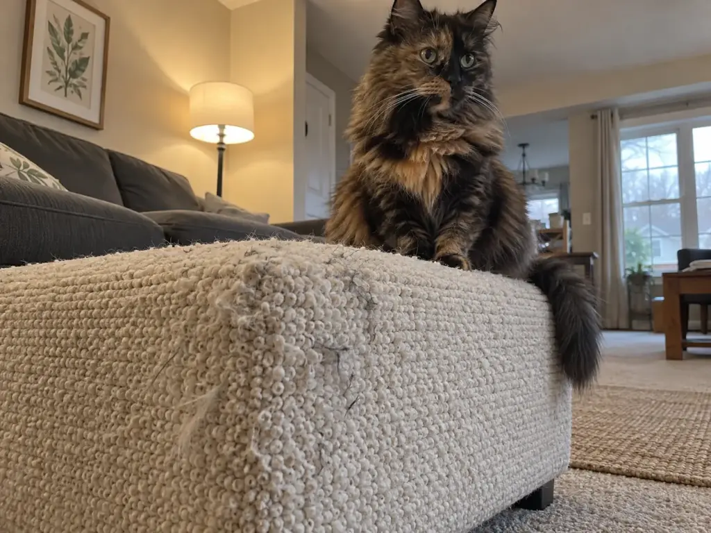 An older tortoiseshell longhair cat sits on a cream chenille ottoman with hairs caught in the loops of the fabric