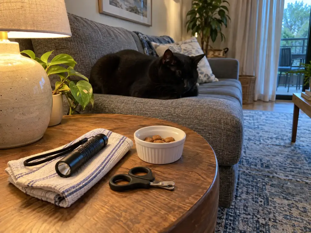 A small flashlight, a closed cat nail clipper and a dish of treats on a side table with a black cat asleep behind