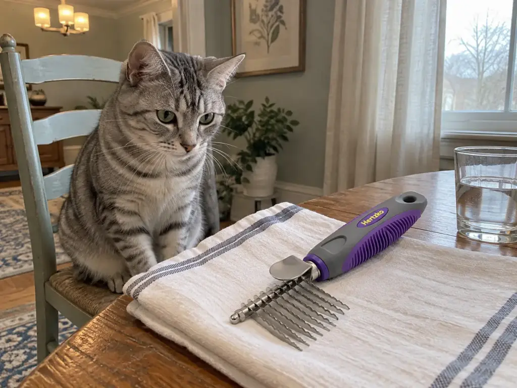 A serrated steel dematting comb on a folded linen towel on a dining table with a silver tabby cat on a chair