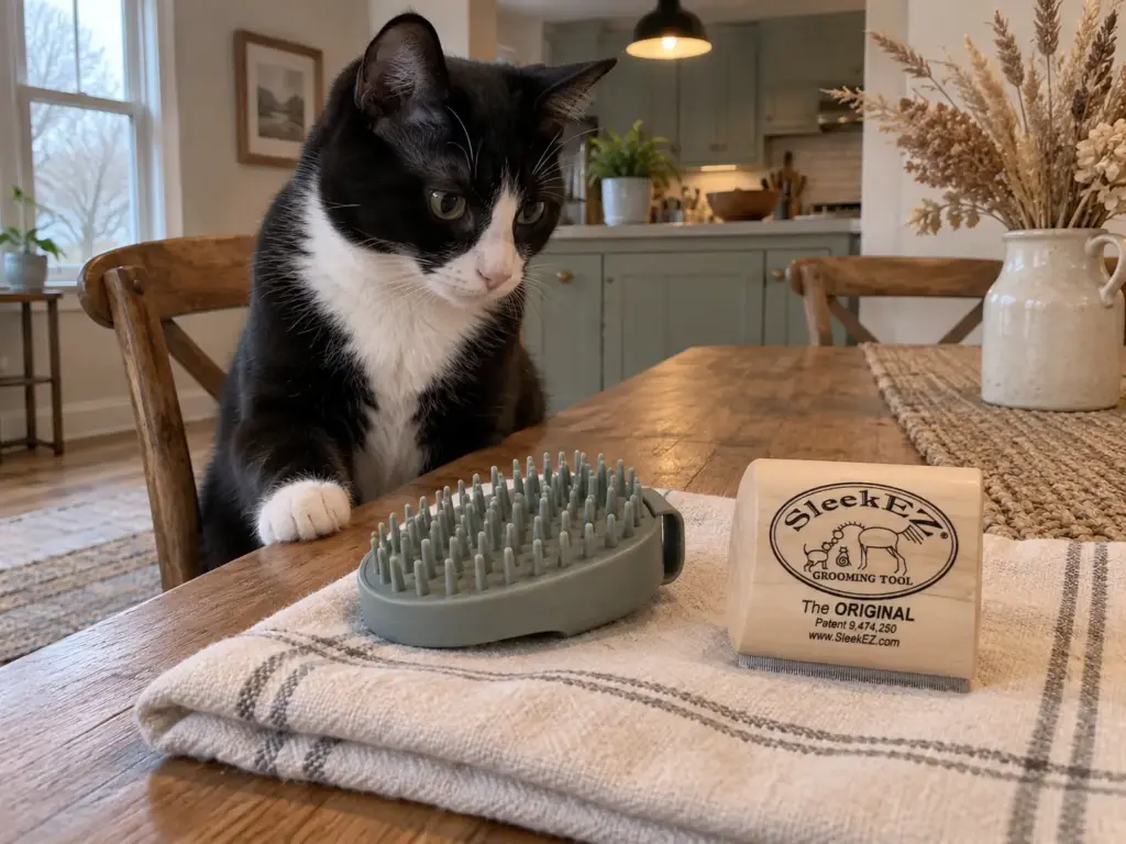 A deshedding brush and a rubber-pin cat brush on a linen towel beside a short-coated tuxedo, tools sized to a coat