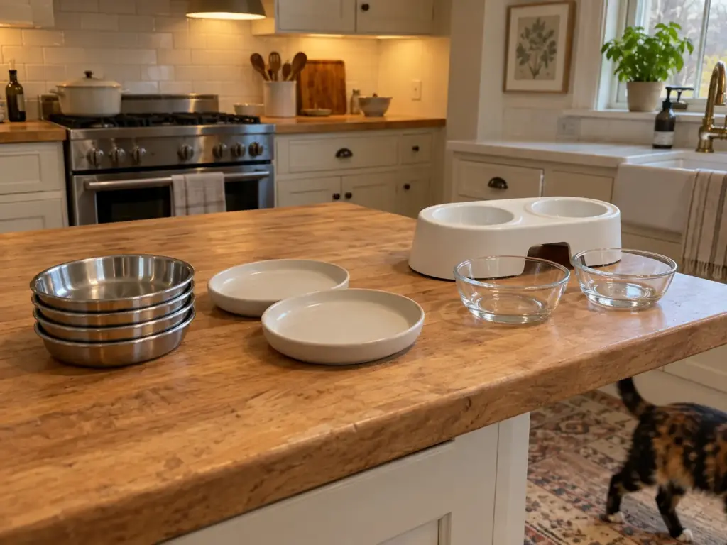 Stacked steel cat bowls, matte ceramic plates and a glass bowl set side by side on a butcher-block counter