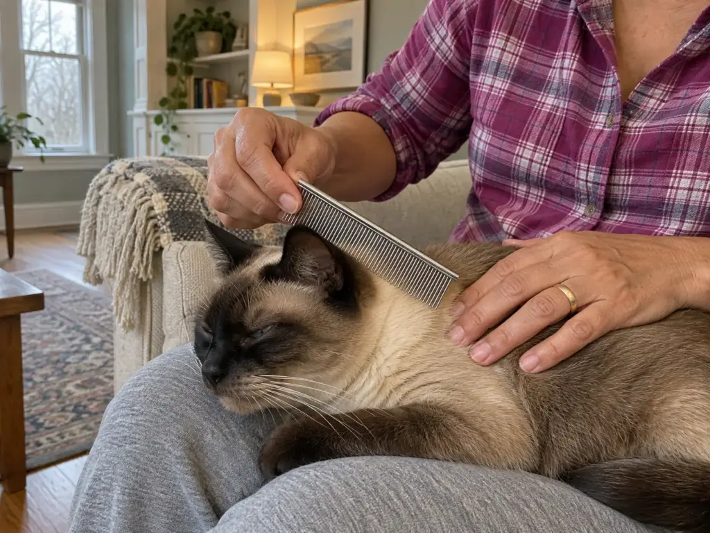 A woman's hands rest a steel comb behind the ear of a calm Siamese-mix cat on her lap, the comb test for a brushing routine